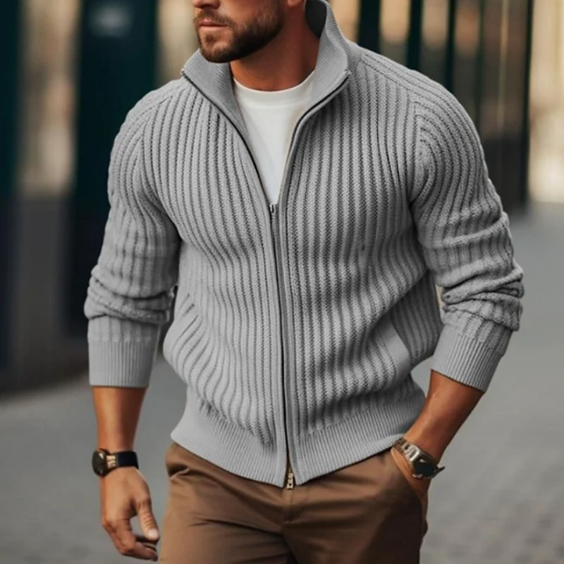Aaron – Men's Long Sleeve Cardigan with Zipper Closure - Image 4