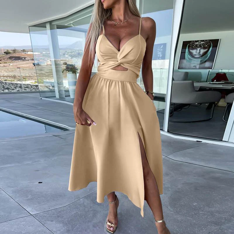 Abigail – Women's midi dress with thin straps and side slit - Image 11