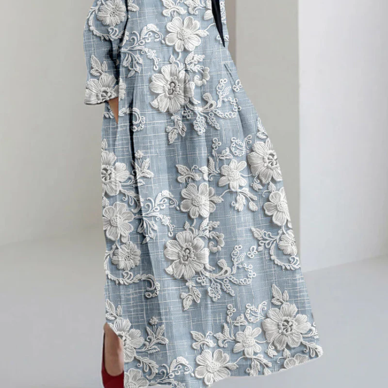 Alexis – Maxi Dress with Floral Print, Round Neck and Long Sleeves