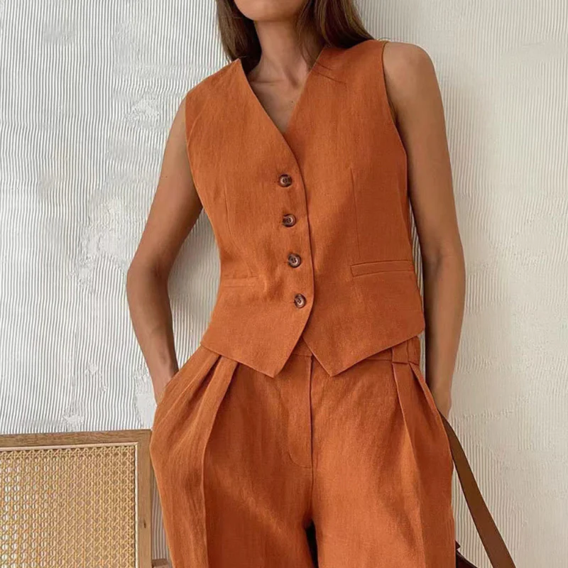 Amira – Sleeveless V-Neck Vest with Buttons + Wide Trouser Set - Image 5