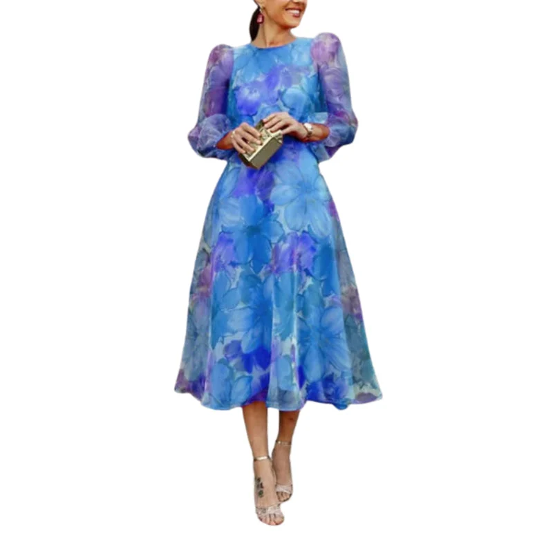 Angelika – Printed Dress + Long Sleeves and Round Neck