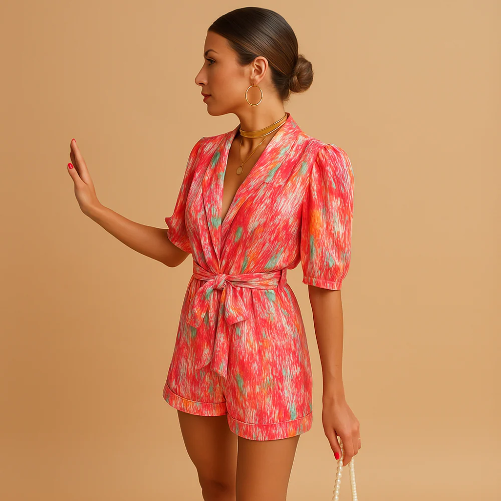 Annalena – Jumpsuit with V-neck, Waist Belt & Short Sleeves - Image 4