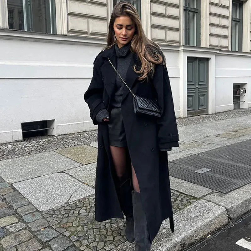 Ashley – Long Coat with Lapel Collar, Belt & Button Closure - Image 6