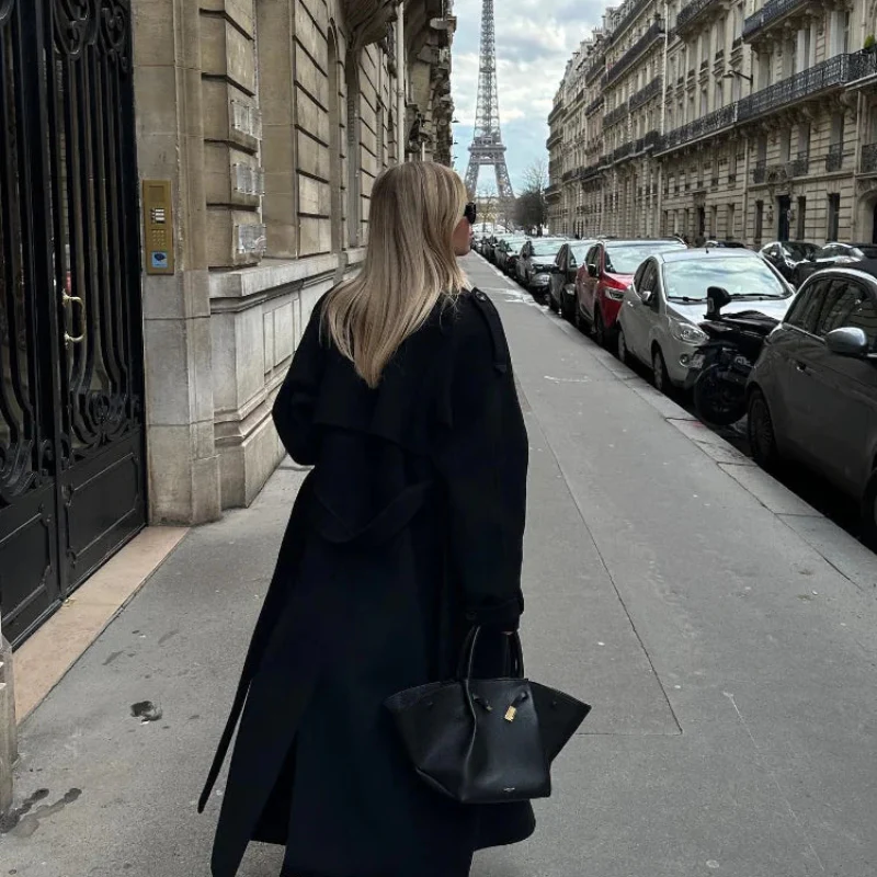 Ashley – Long Coat with Lapel Collar, Belt & Button Closure - Image 7