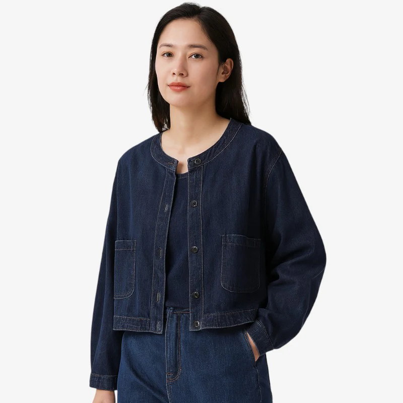 Autumn – Blue Round Neck Jacket with Button Closure - Image 2