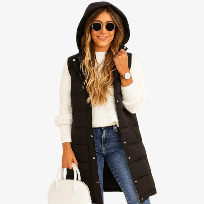 Ava – Sleeveless Hooded Coat with Button Closure