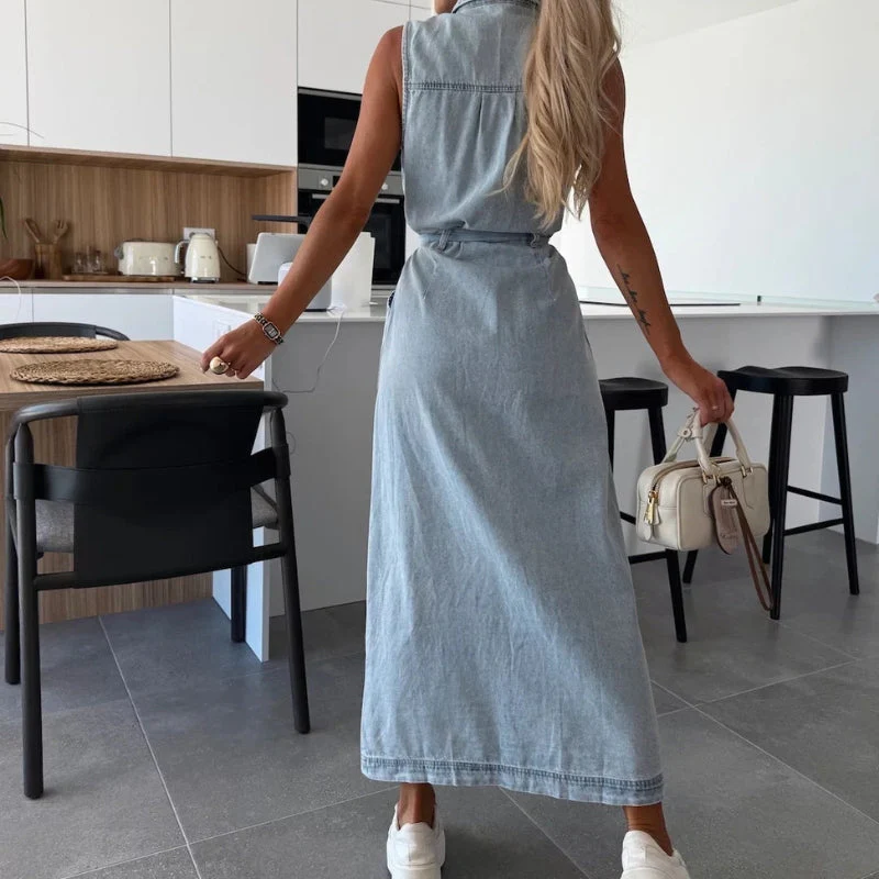 Aylin – Sleeveless Long Dress with Buttons + Adjustable Waist and Pockets - Image 5