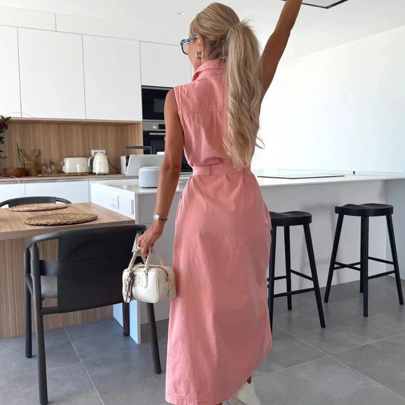 Aylin – Sleeveless Long Dress with Buttons + Adjustable Waist and Pockets - Image 9