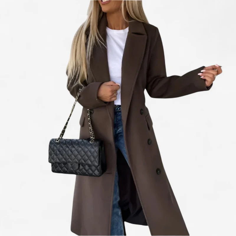 Bella – Women's Long Coat with Button Fastening and Pockets - Image 3