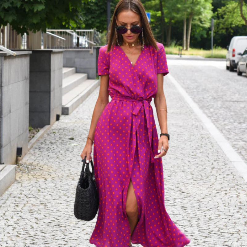 Caroline – Women's Long Dress with Floral Print and V-Neck and Short Sleeves - Image 4