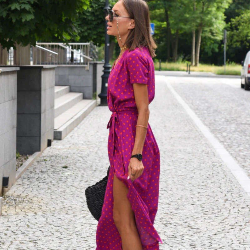 Caroline – Women's Long Dress with Floral Print and V-Neck and Short Sleeves - Image 5