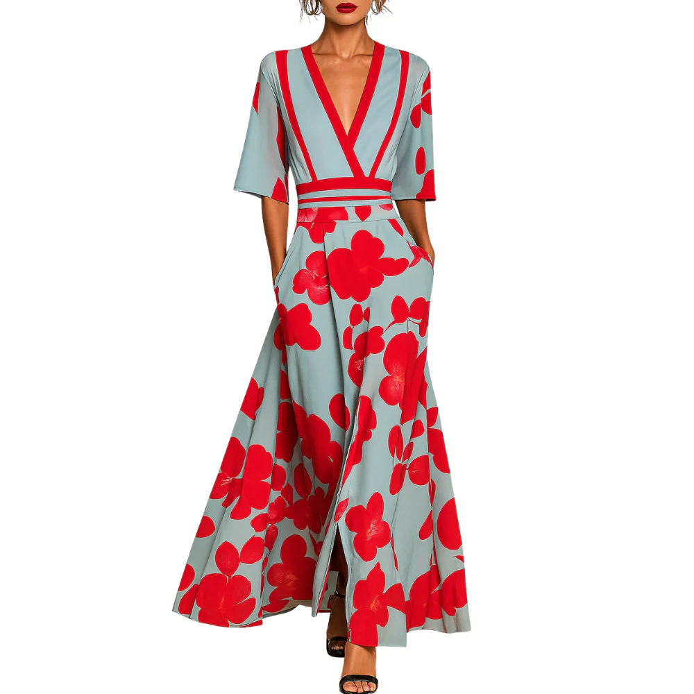 Christa - V-Neck Dress with Print and Short Sleeves - Image 2