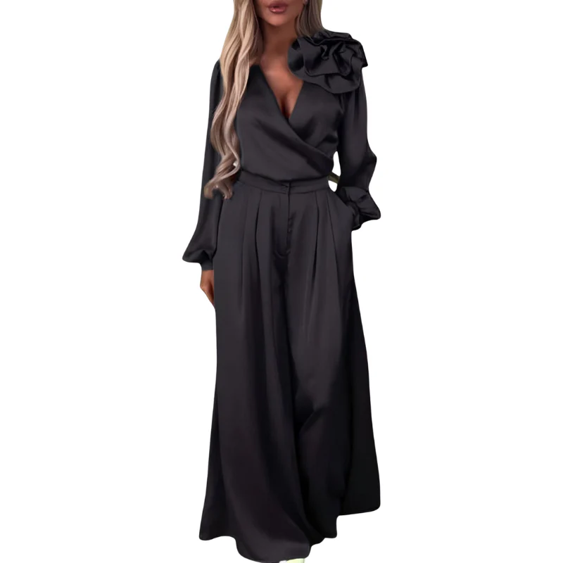 Elena – Women's 2-piece set with V-neck top and wide-leg trousers