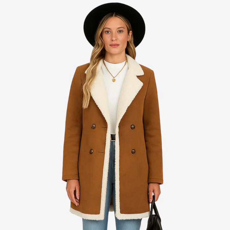 Elizabeth – Long Khaki Coat with Lapel Collar and Button Closure - Image 3