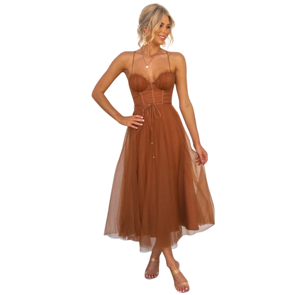 Emilia – Sleeveless Midi Dress with Spaghetti Straps & Mesh Overlay - Image 3