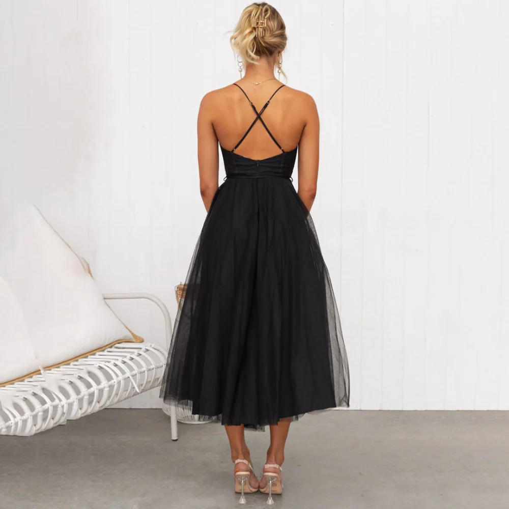 Emilia – Sleeveless Midi Dress with Spaghetti Straps & Mesh Overlay - Image 7