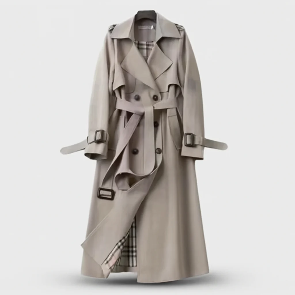 Emily –  Long Trench Coat with Collar, Button Fastening & Waist Belt - Image 3