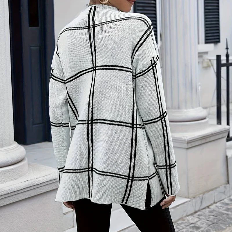 Hannah – Round Neck Long Sleeve Checked Sweater - Image 4