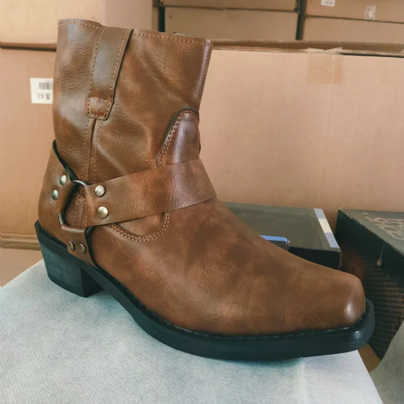 Stephen  – Square Toe Boots with High Buckle and Side Zip - Image 5