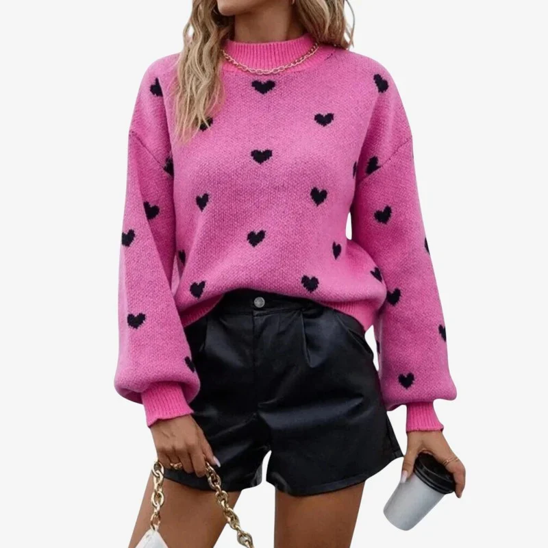 Jennifer – Long Sleeve Sweater with Heart Print and Round Neck - Image 2