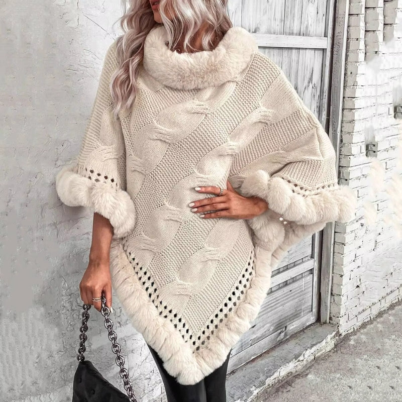 Kehlani – Cable-knit poncho with faux fur trim - Image 2