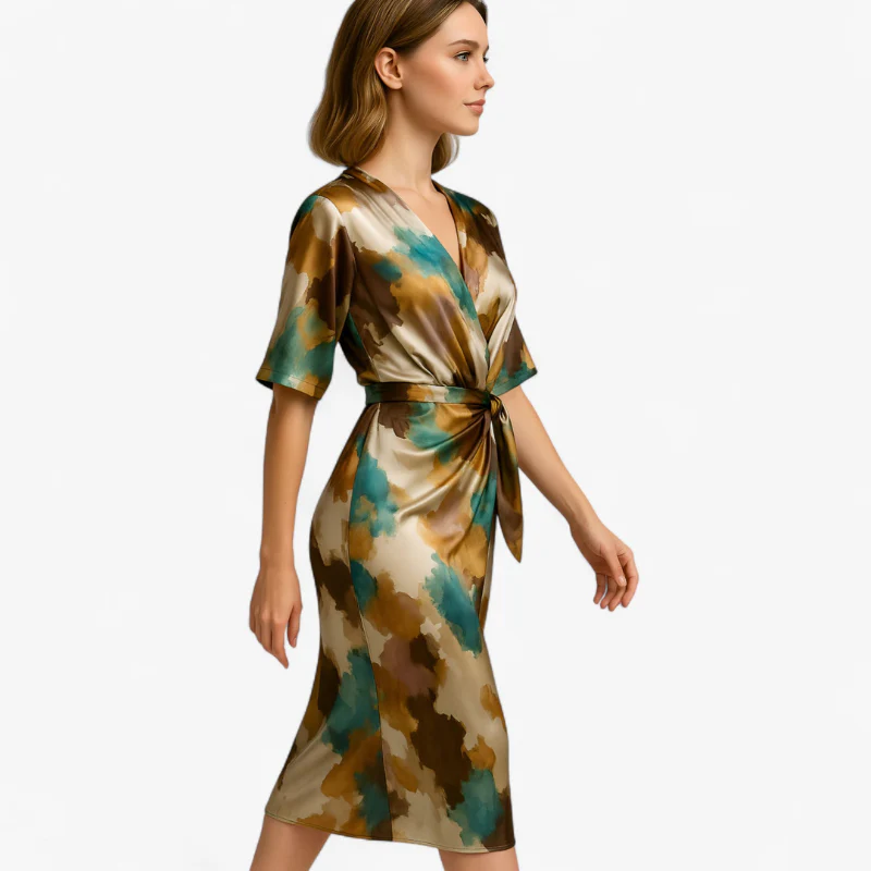 Naomi – Women's long dress abstract print with short sleeves and side slit - Image 3