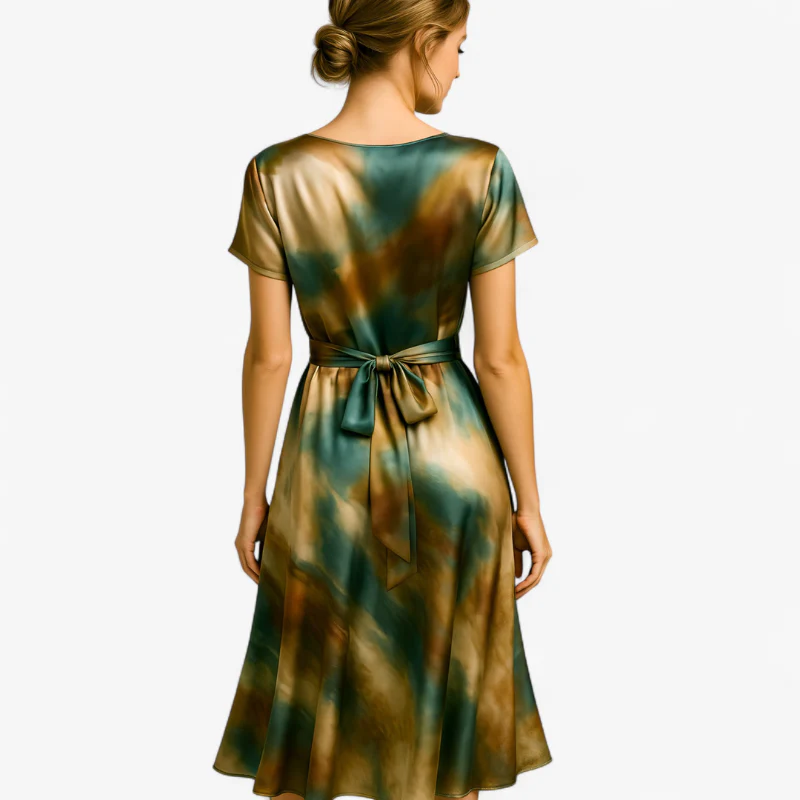 Naomi – Women's long dress abstract print with short sleeves and side slit - Image 4