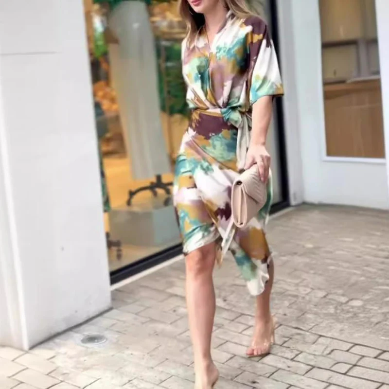 Naomi – Women's long dress abstract print with short sleeves and side slit - Image 7