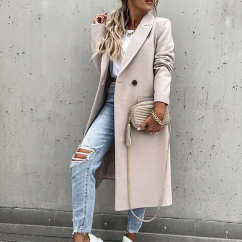 Rebecca – Long Coat with Notched Lapel and Button Sleeves - Image 8