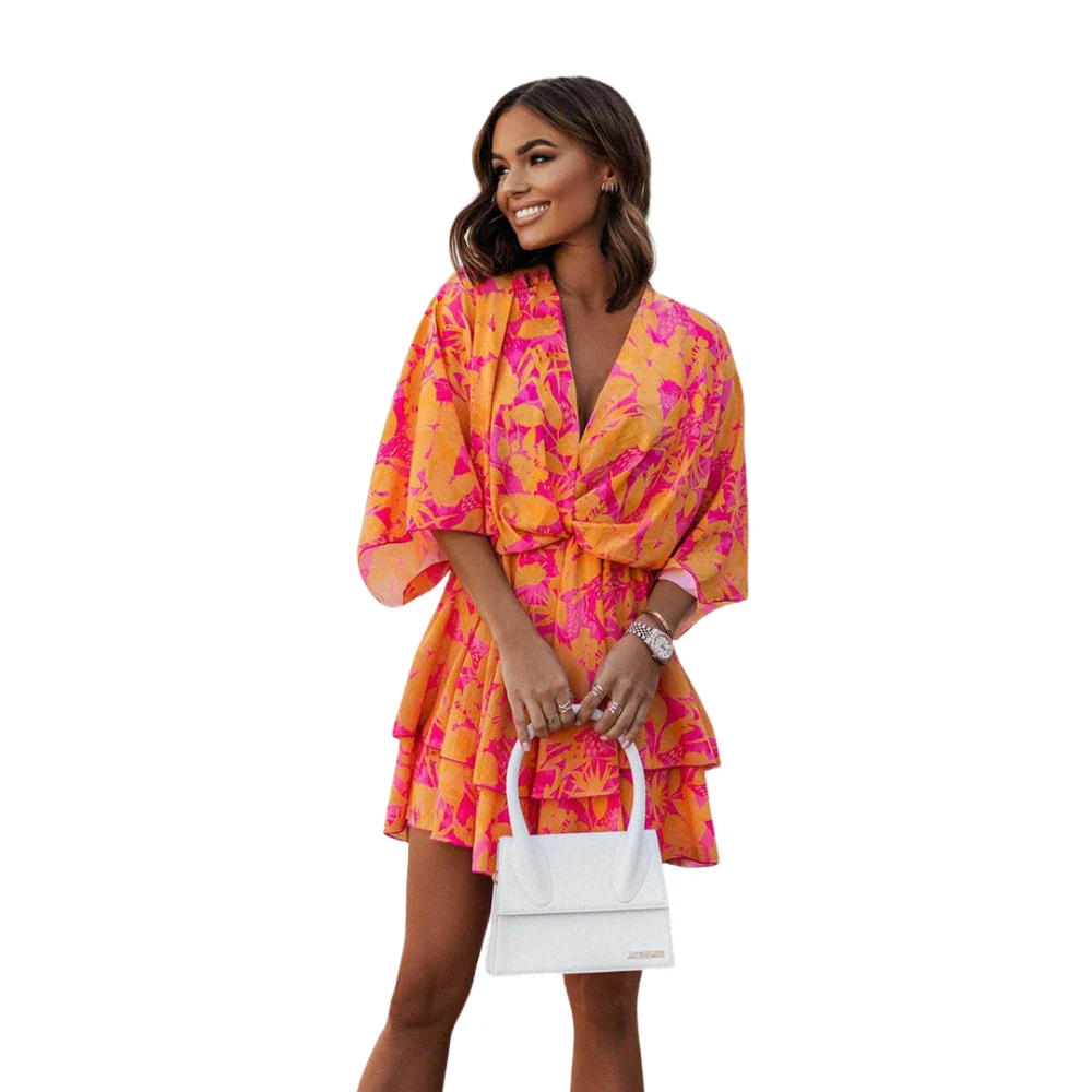 Rianne – Printed Mini Dress with V-Neck & Batwing Sleeves - Image 4