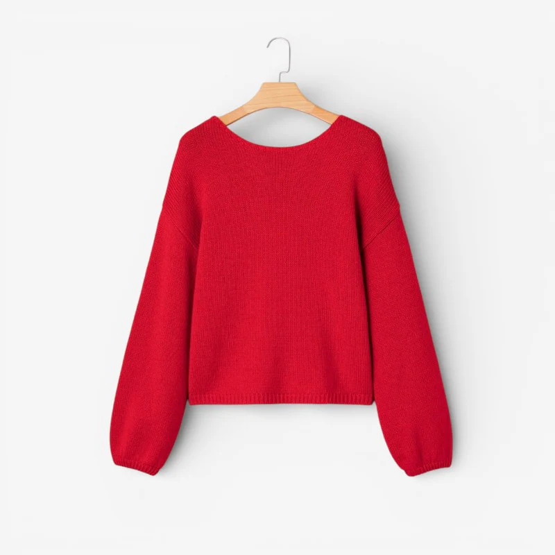 Ruby – Women's Knitted Sweater with Round Neck and Bow Detail on the Back