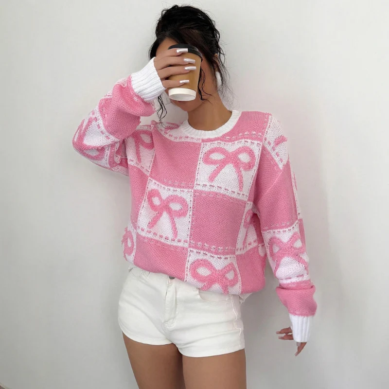Samantha – Women's Knitted Sweater with Bow Pattern and Long Sleeves - Image 3