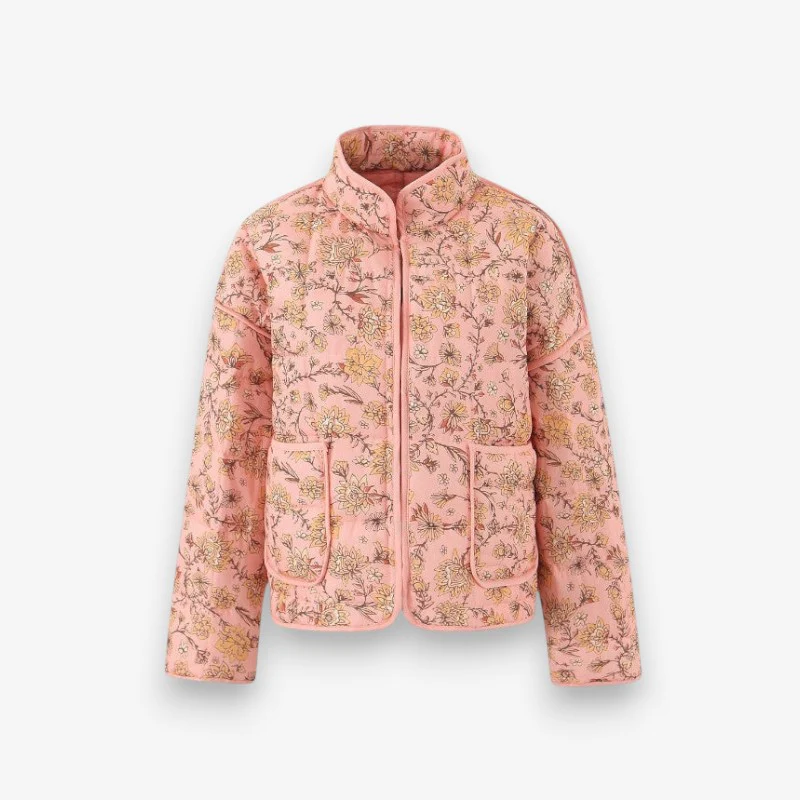 Sophia – Floral Print Long Sleeve Coat with Stand-Up Collar and Pockets
