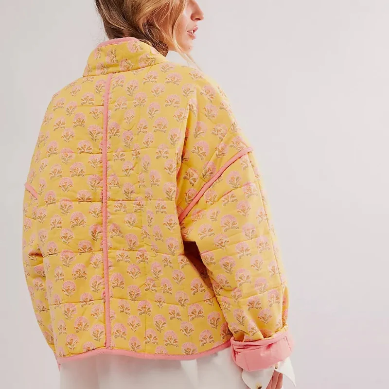 Sophia – Floral Print Long Sleeve Coat with Stand-Up Collar and Pockets - Image 4