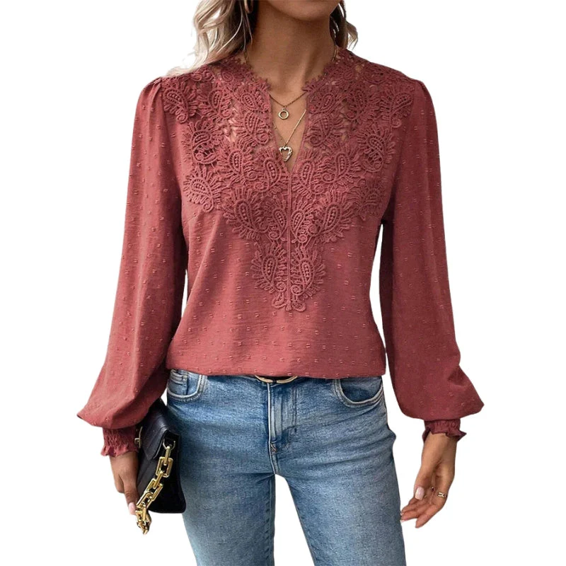 Svenja – Long-Sleeve Blouse with V-Neck and Lace Details