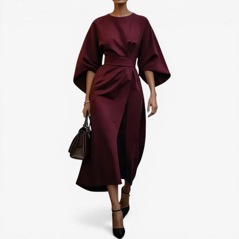 Women Belted Midi Dress with Lantern Sleeves - Image 5