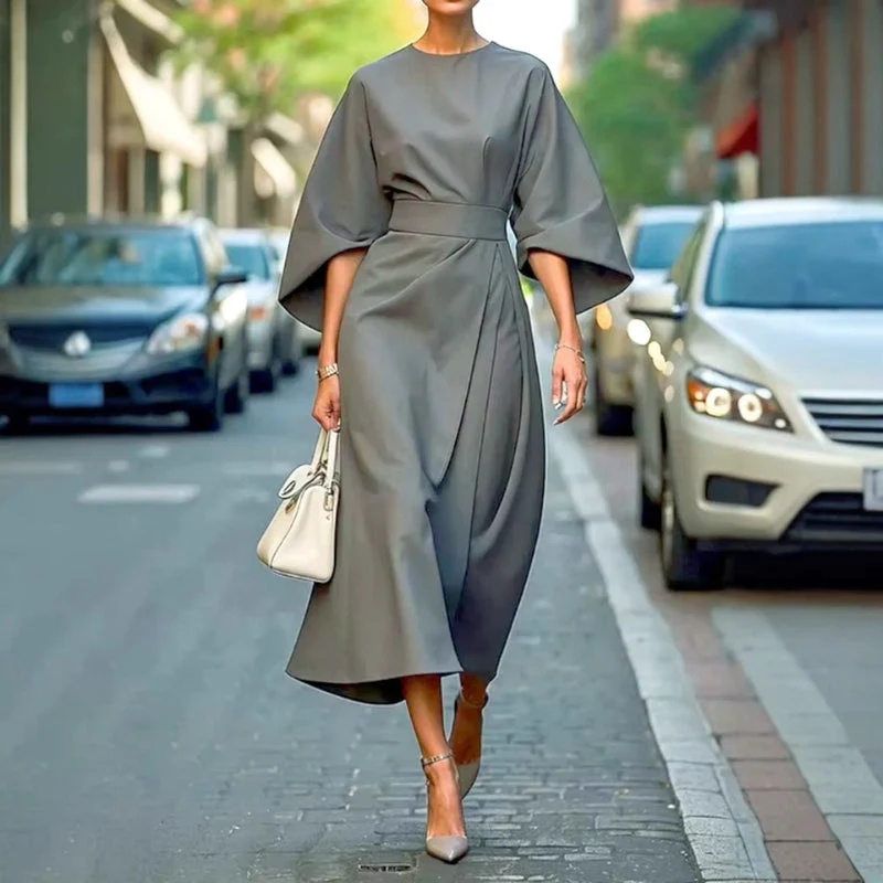 Women Belted Midi Dress with Lantern Sleeves - Image 9