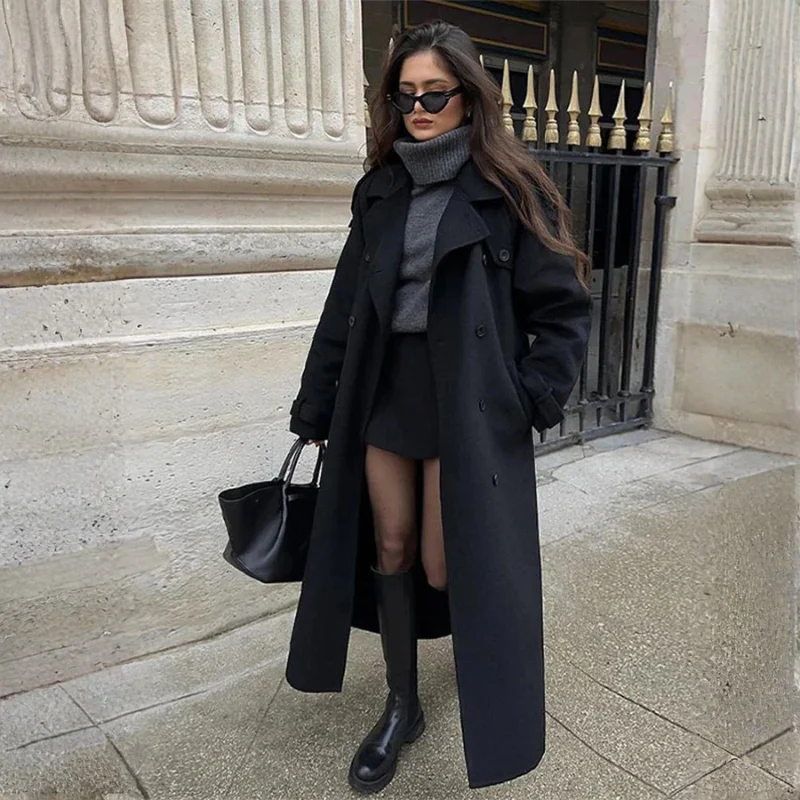 Women Long Coat With Notched Collar - Image 3