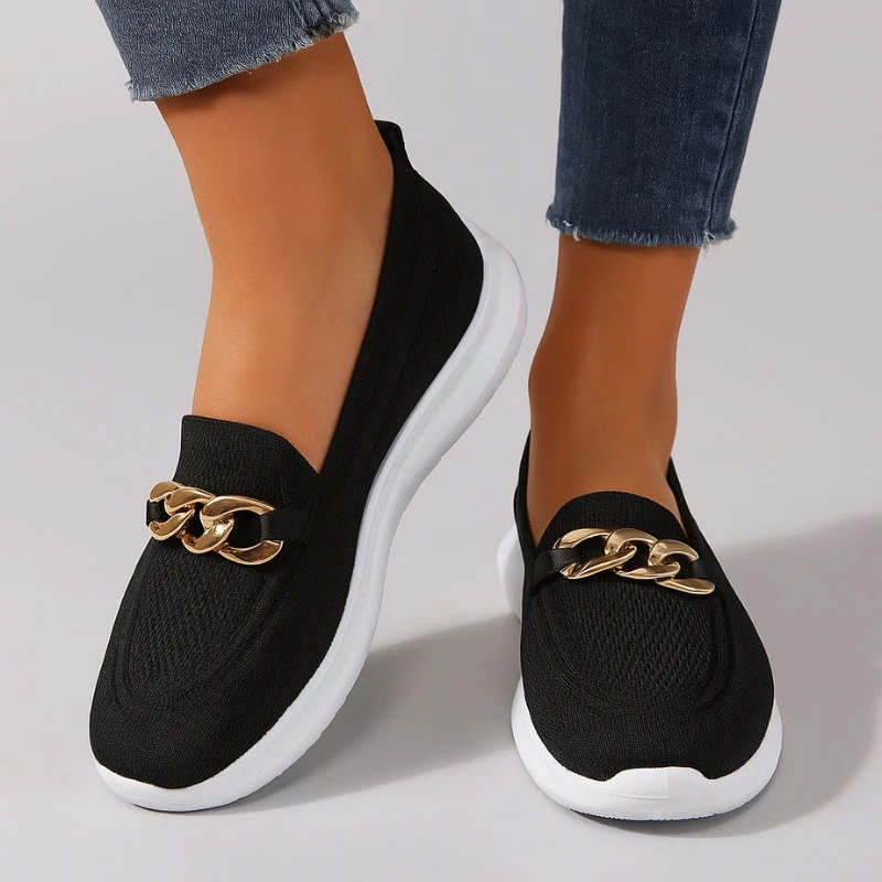 Women Non-Slip Slip-On Shoes Mesh Buckle Gold Chain Detail - Image 4