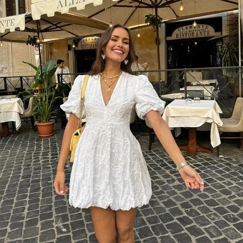 Women’s mini V-neck short sleeve embroidered dress - Image 5