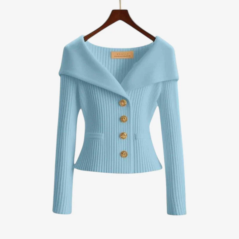 Women’s Off-Shoulder Button-Front Knit Sweater with Pockets