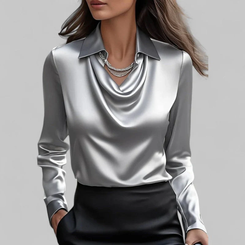 Women's Draped-Collar Long Sleeve Blouse - Image 13