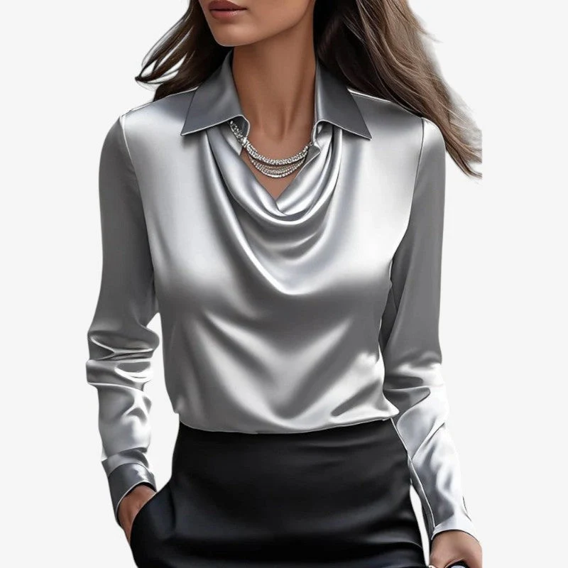 Women's Draped-Collar Long Sleeve Blouse - Image 2