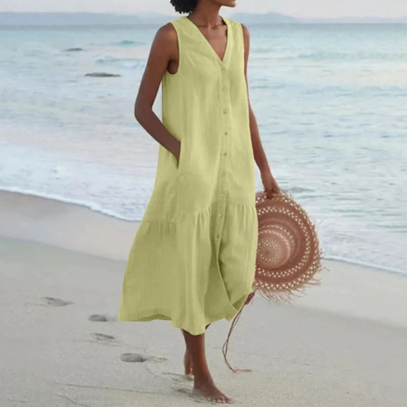 Women's Sleeveless V-Neck Mini Dress with Button-Front & Pockets - Image 11