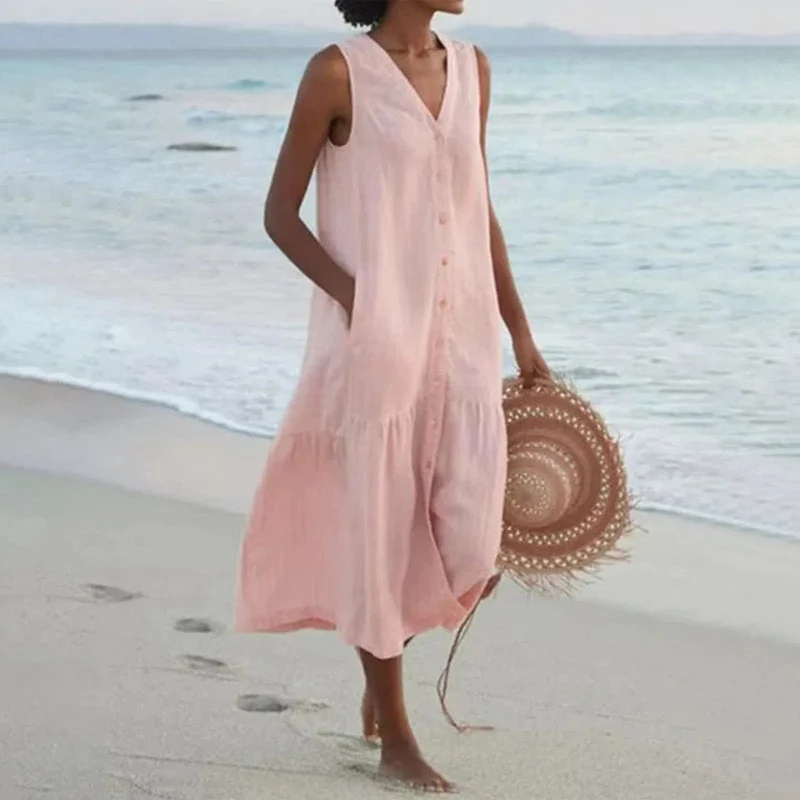 Women's Sleeveless V-Neck Mini Dress with Button-Front & Pockets - Image 8