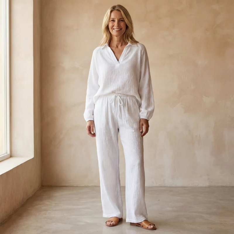 Women's Two Piece Set With Long Sleeve Top and Straight Leg Pants - Image 4